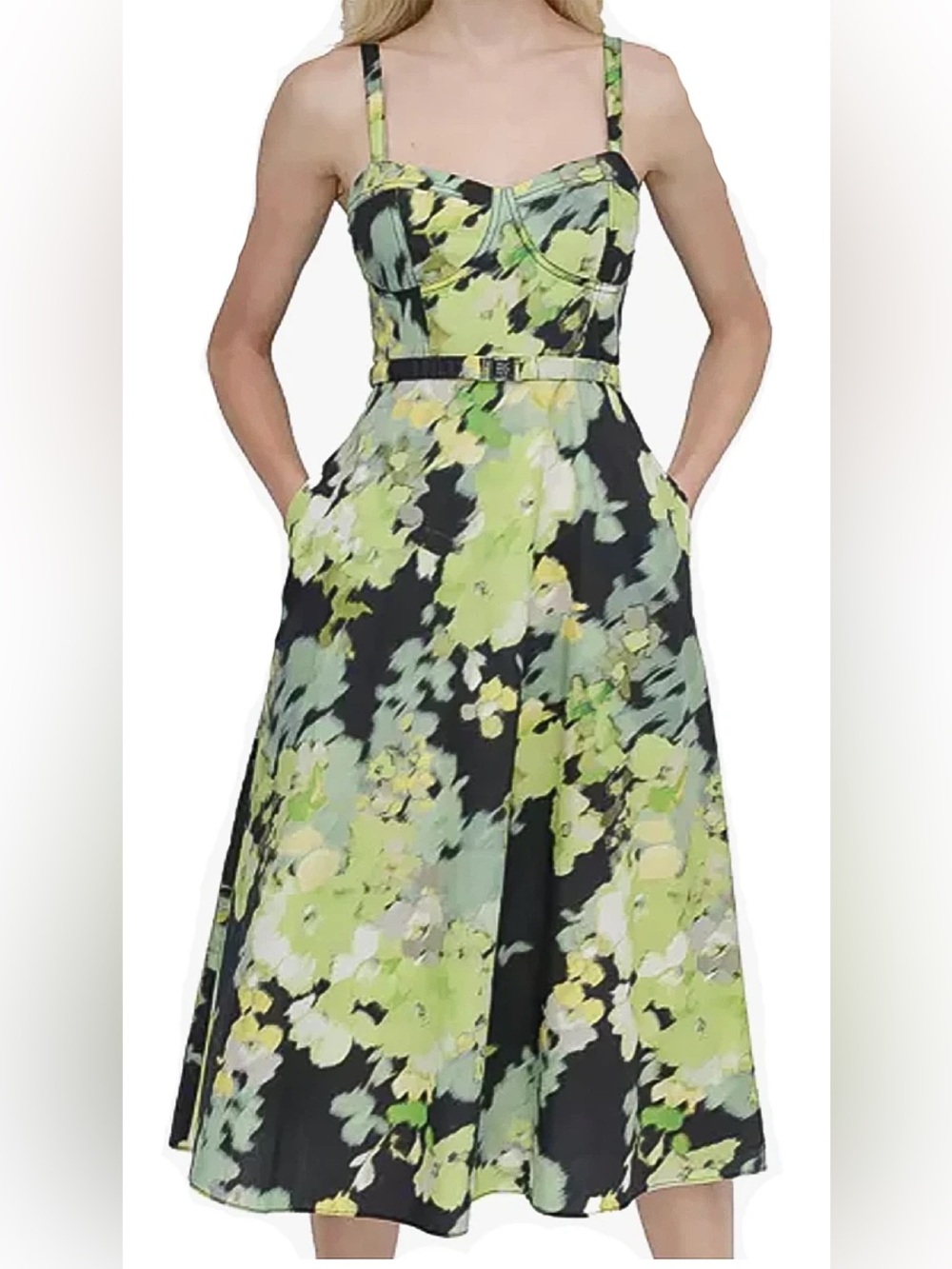 DKNY Black Midi Dress with Green Floral Print and Sweetheart Neckline